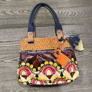 FOSSIL Coated Canvas Key-Per LG Shoulder Bag Tote Floral Aztec Orange Brown